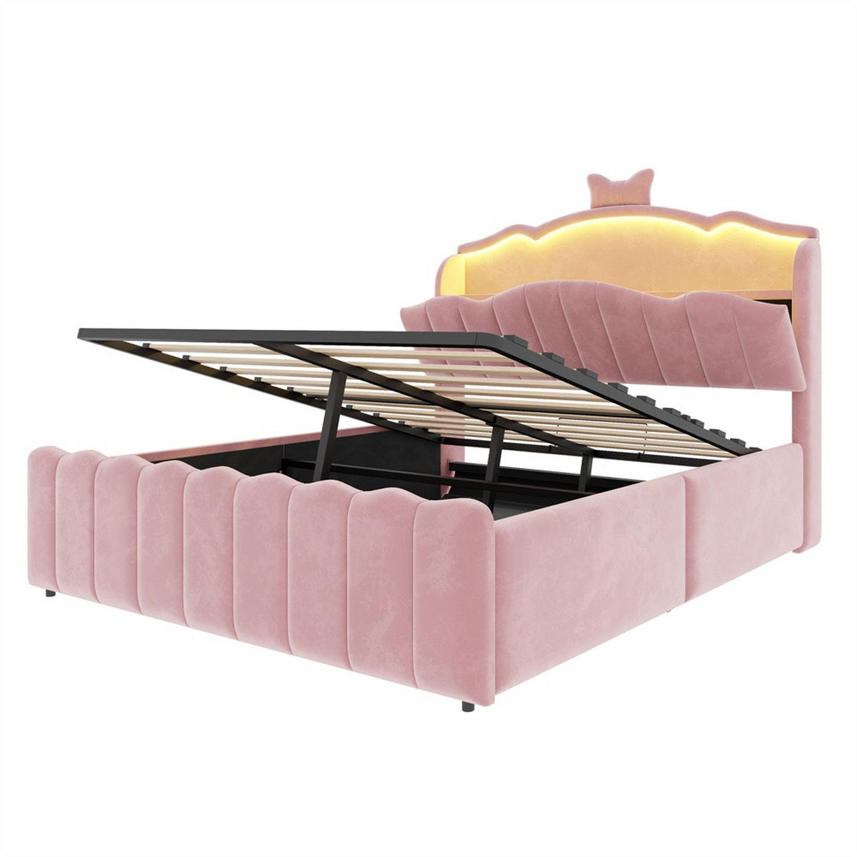 POLSTERBETT 140x200 cm mit hydraulischem Stauraum und LED Beleuchtung - 3USB - Anschlüsseund Typ-C - Rosa - Pink, Textil (140/200cm) - DELFA