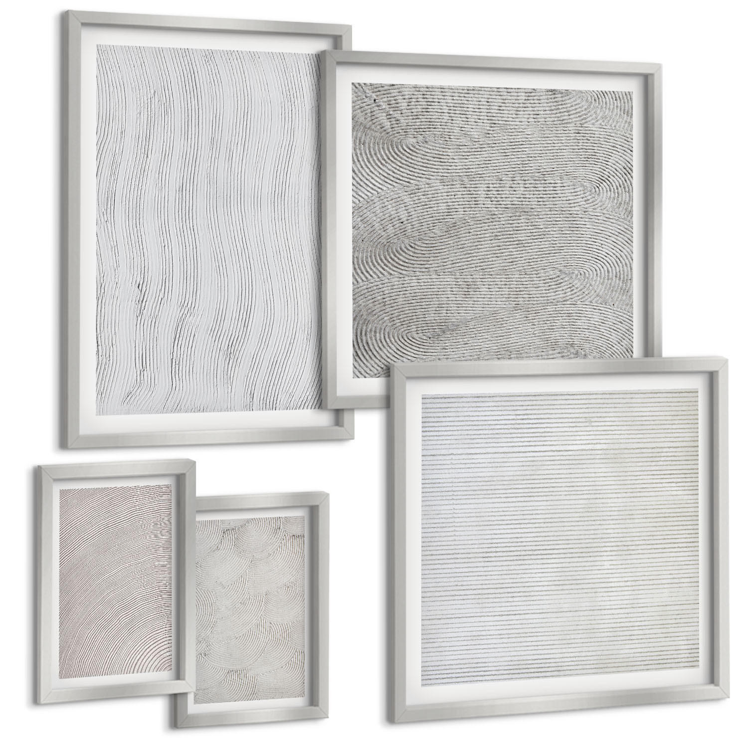 BILDER SET 5er Set - 50x50 cm & 20x30 cm & 40x60 cm Silberner Rahmen - Sandmuster geometrische Strukturen - Silberfarben, Kunststoff (40/60cm) - TULUP