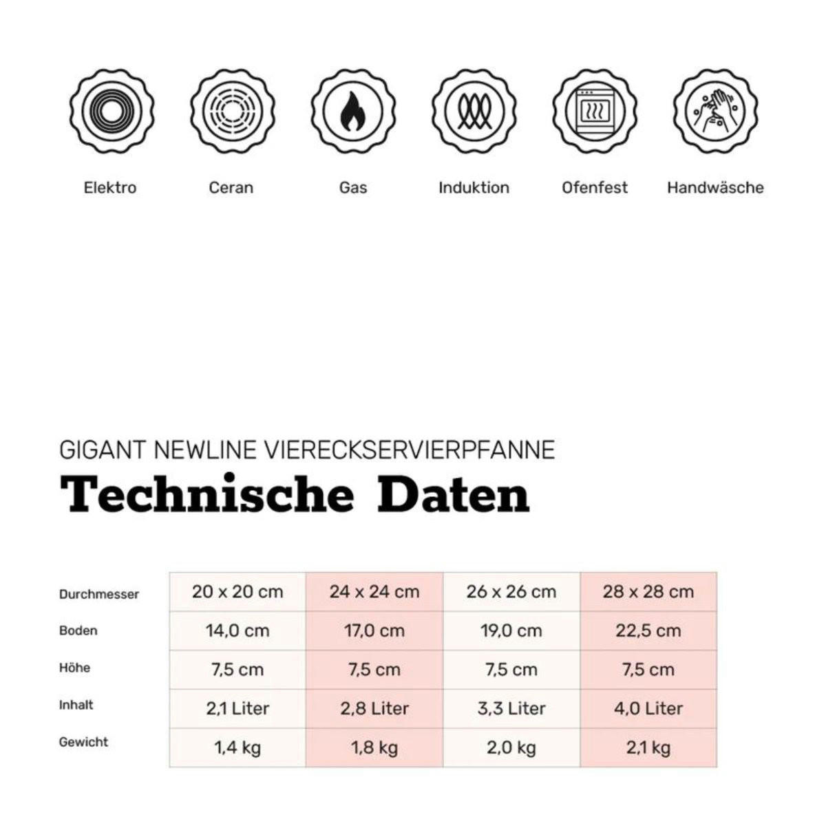 VIERECKSERVIERPFANNE 26x26 cm GIGANT Newline für alle Herdarten - Schwarz, Metall (26/26/7.5cm) - BAF