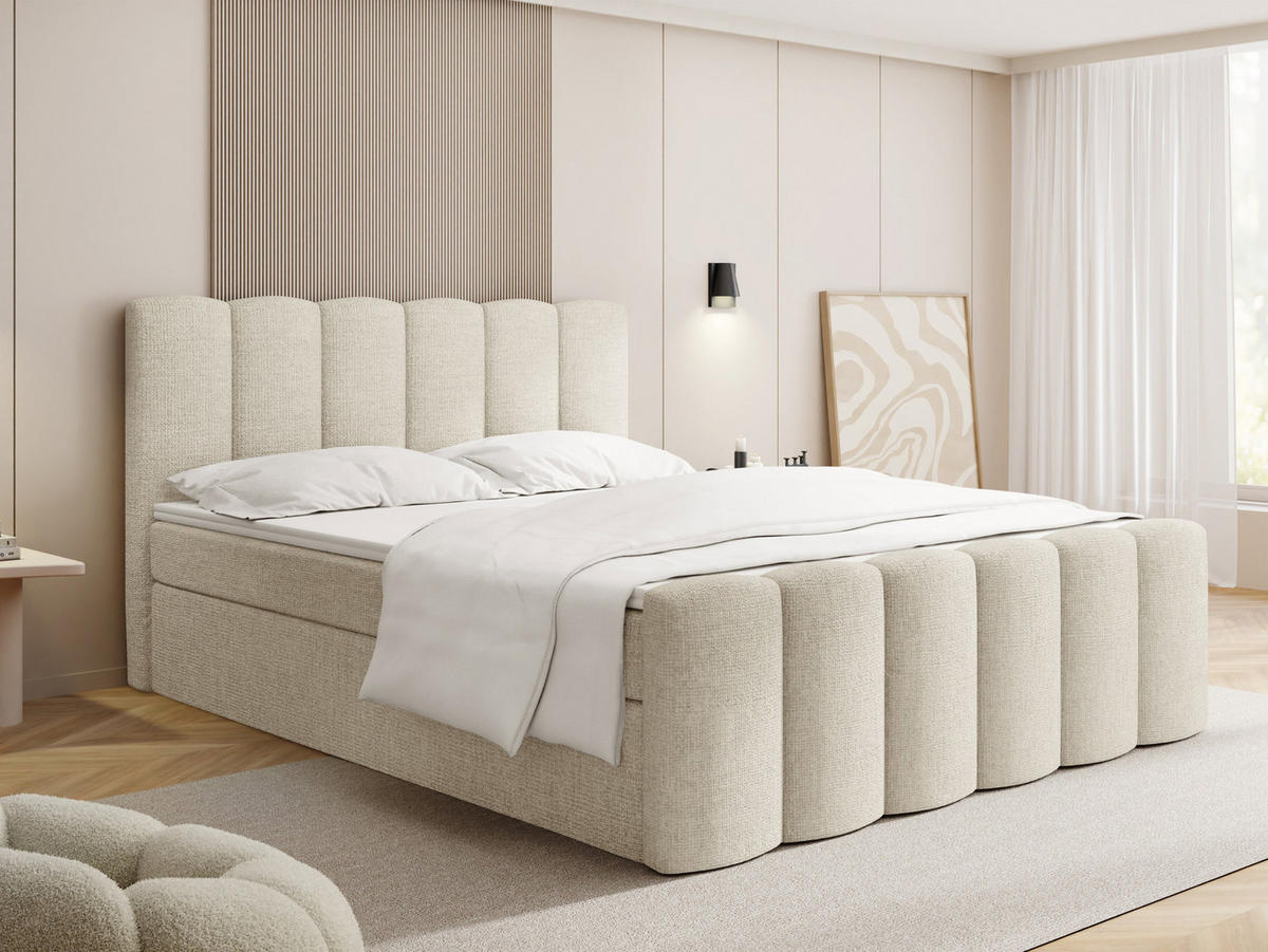 BOXBETT Serenity mit Bettkasten, Creme Chenille 160x200 cm – inkl. H4 Taschenfederkern Matratze & Foam Topper - Creme/Schwarz, Holz/Holzwerkstoff (160/200cm) - WFL GROUP