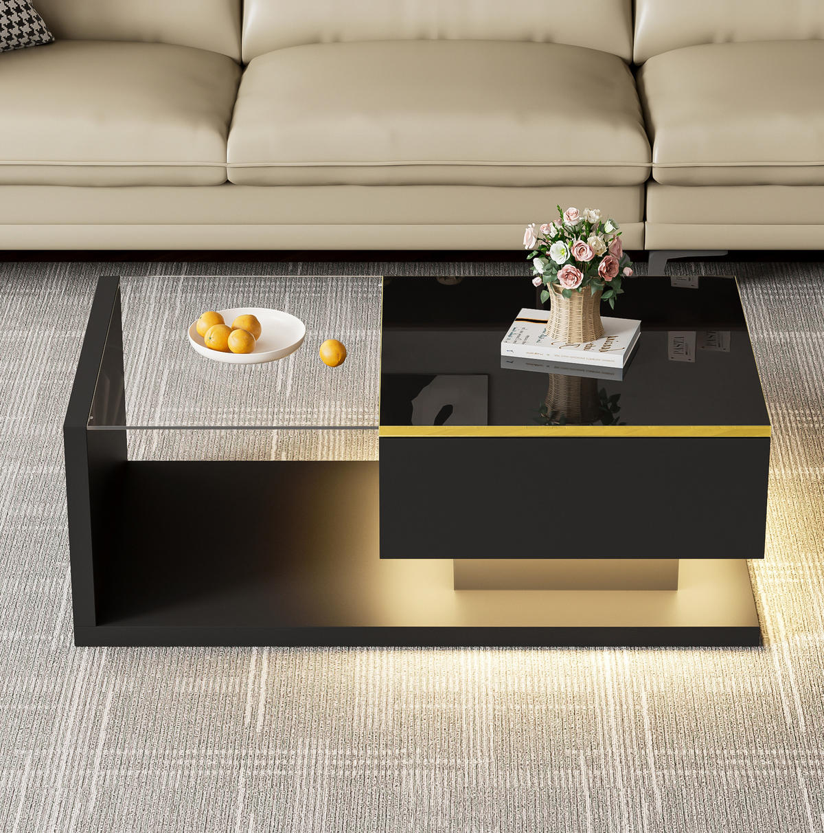 COUCHTISCH mit Ablage 90/50 cm mit LED-Beleuchtung und Glasplatte in Schwarz - Schwarz, Holzwerkstoff (90/50/32.5cm) - BEAOK