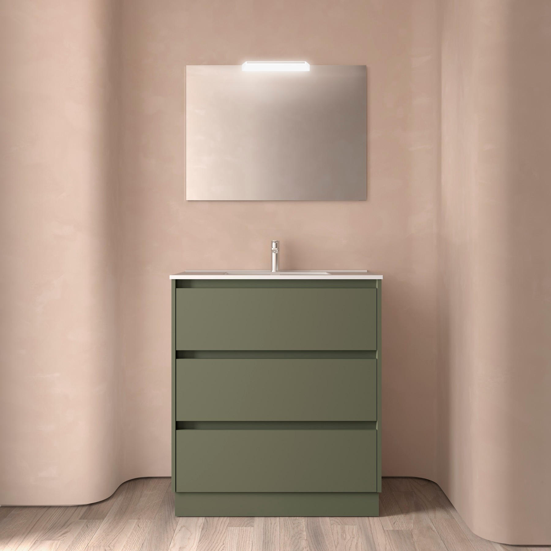 BADEZIMMERMÖBEL NOJA 800 3 Schubladen GREEN SATIN + Waschtisch + Spiegel - Schwarz, Metall (45/81/80cm) - Salgar