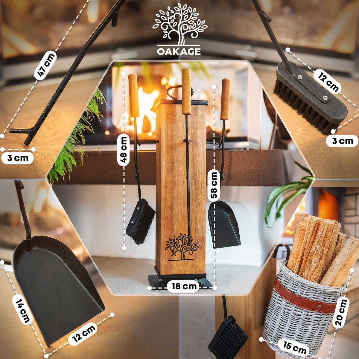 KAMINBESTECK WillowWrap mit Zündholzkorb aus Weide - Grau, Naturmaterialien/Holz (18/58/18cm) - OAKAGE