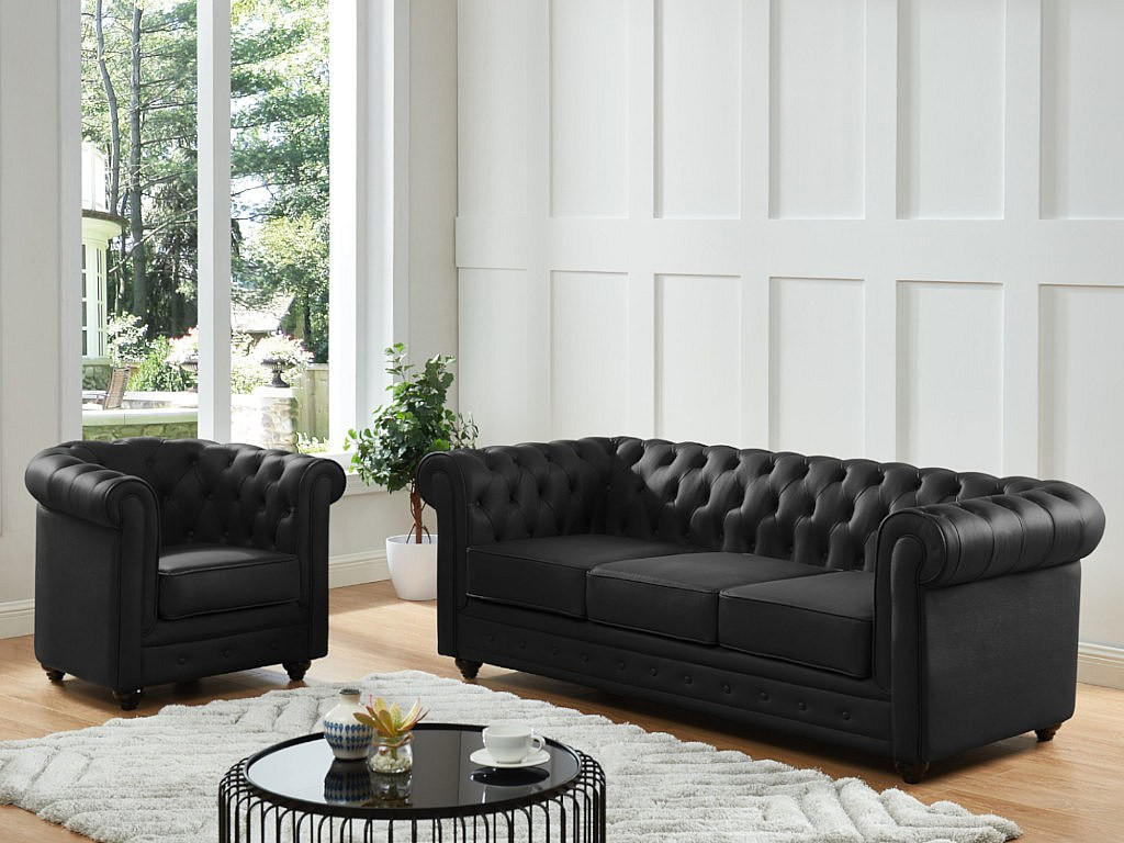 Thumbnail - Vente-Unique Sessel, Schwarz, Leder, Uni, 1-Sitzer, 82x72x78 cm, Wohnzimmer, Sessel, Chesterfield-Sessel