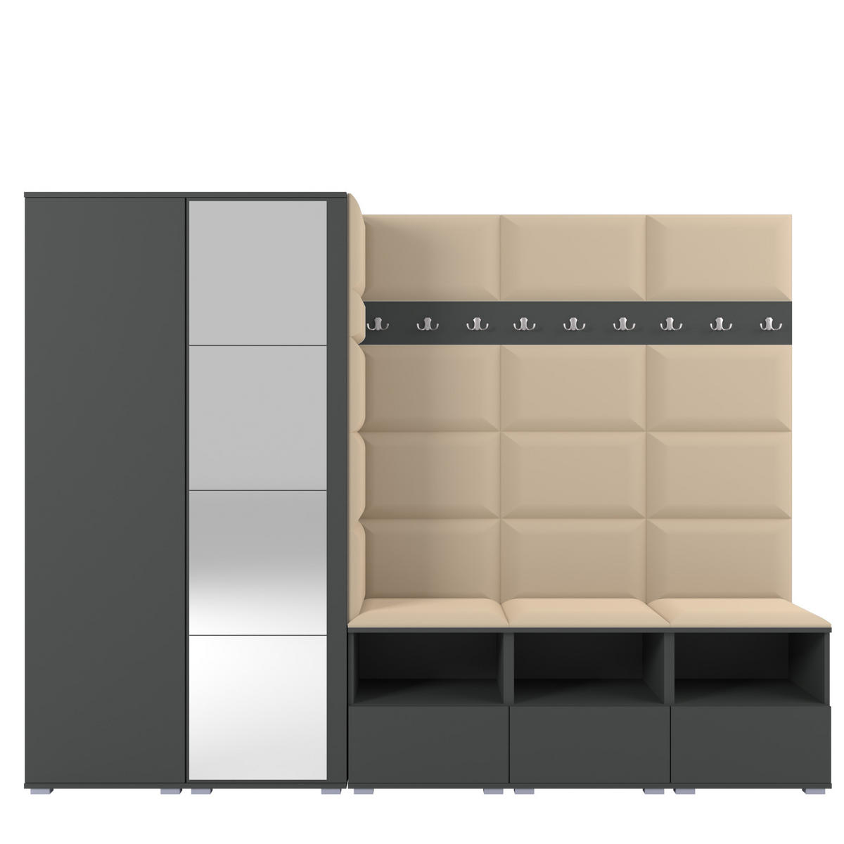GARDEROBE NELA VII 250 cm (Modulare Flurmöbel XL Graphit mit Spiegel & Sitzpolster Beige 04 Universell) - Beige/Silberfarben, Holz/Holzwerkstoff (250/187/40cm) - Ravio