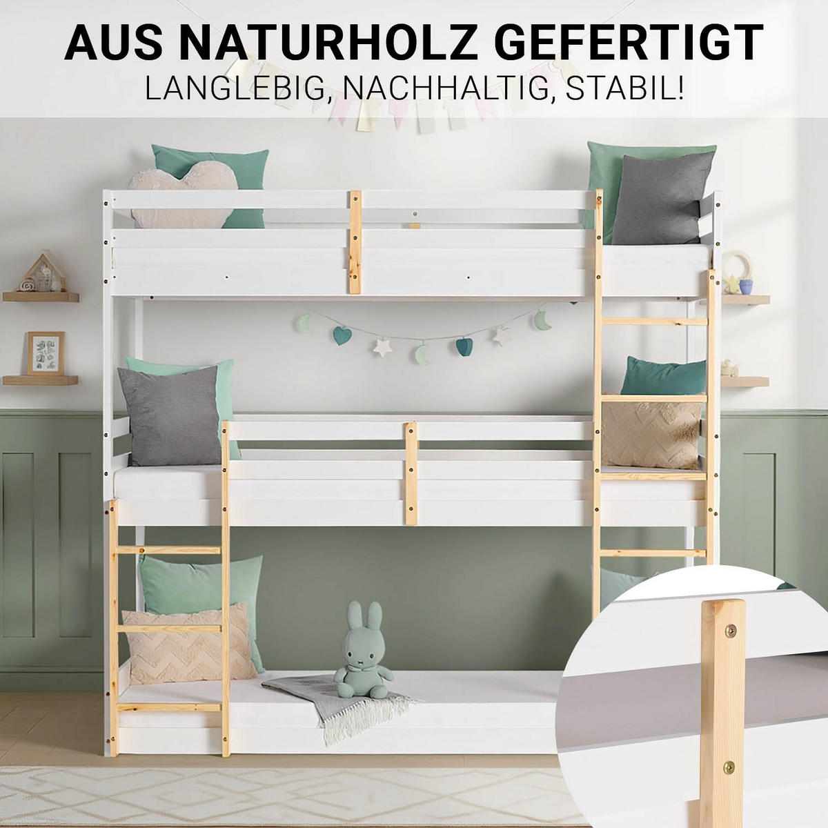 ETAGENBETT 90/200 cm Weiß Natur für 3 Kinder - Weiß, Holz (90/200cm) - Homestyle4u