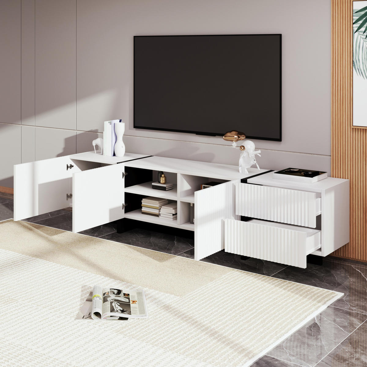 TV-SCHRANK mit 3 Türen und 2 Schubladen 190 cm MDF Schwarz Weiß - Schwarz, Holzwerkstoff (35/45/190cm) - Beauniv