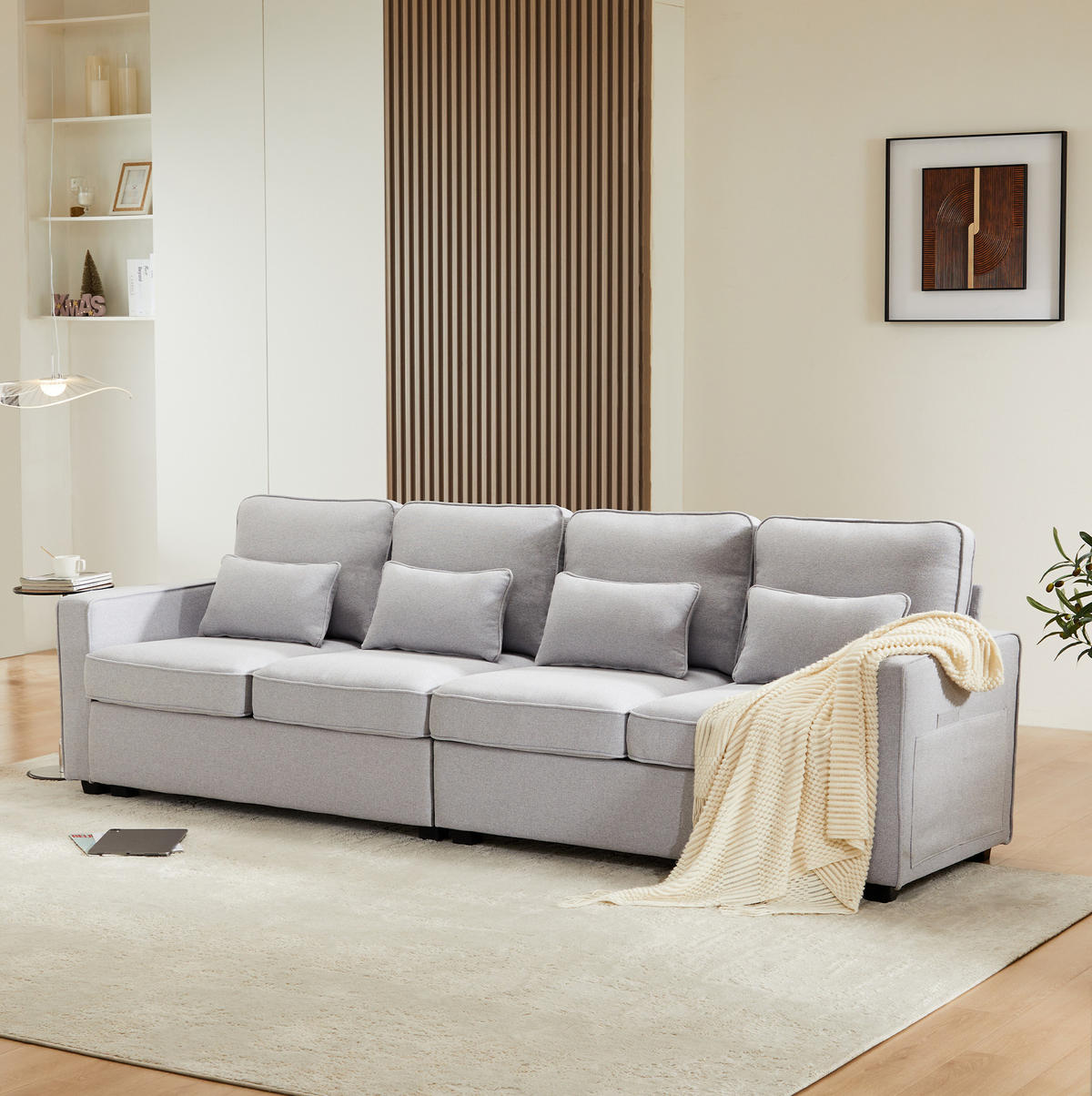 4-SITZER Sofa Leinenstoff mit Taschen an Armlehnen und 4 Kissen 264/83/87 cm Hellgrau - Hellgrau, Textil (87/264/83cm) - Redom