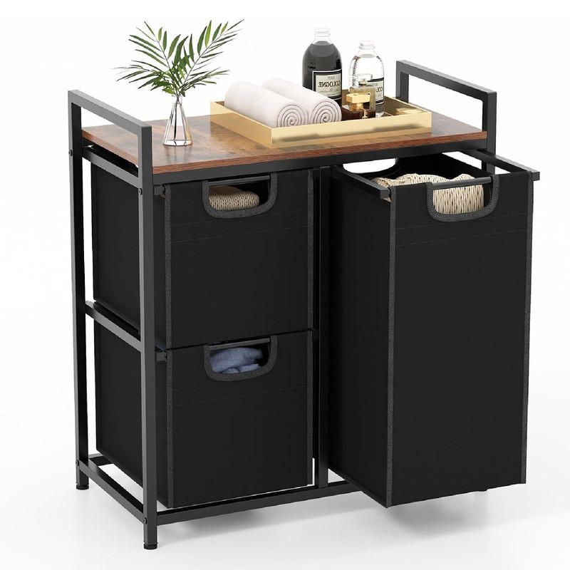 WÄSCHEKORB mit Ablage schwarz - Schwarz, Metall (65.5/72/33cm) - COSTWAY