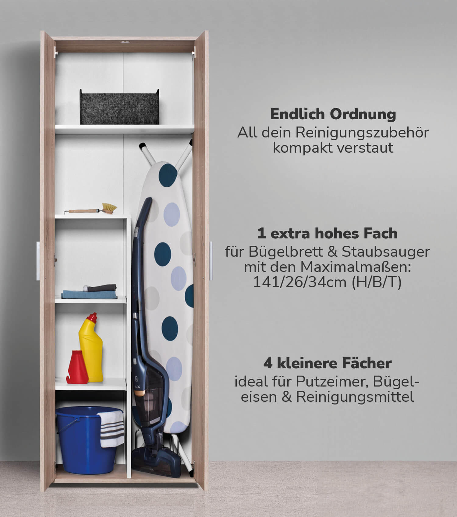 BESENSCHRANK Der Lange - Weiß/Sonoma Eiche, Holzwerkstoff (60/180/34cm) - Mokebo
