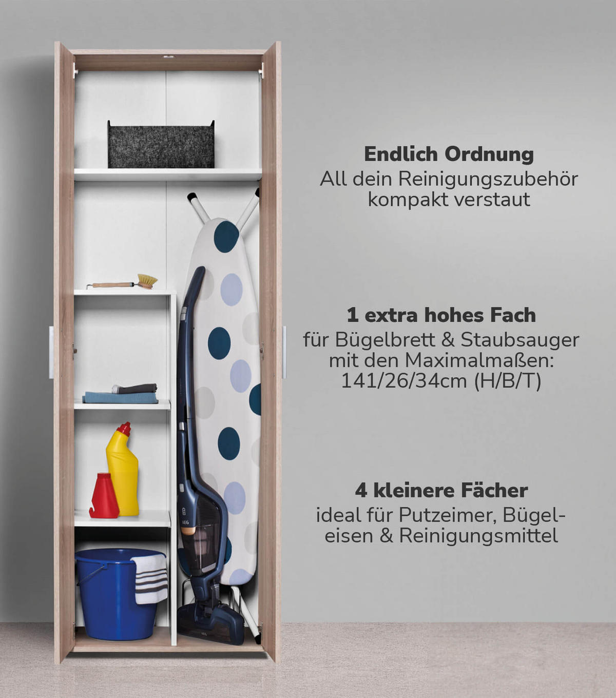 BESENSCHRANK Der Lange - Weiß/Sonoma Eiche, Holzwerkstoff (60/180/34cm) - Mokebo