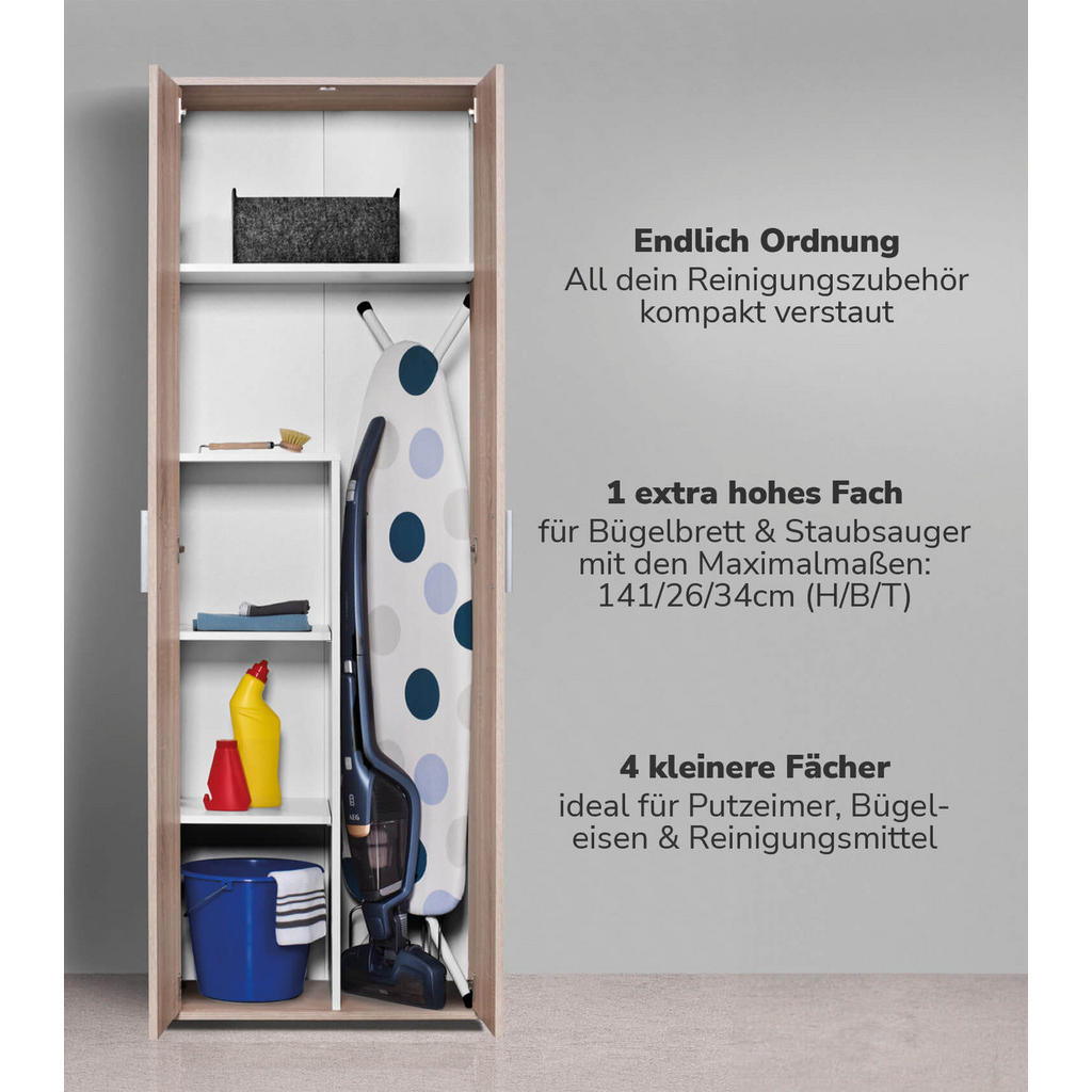 Thumbnail - Mokebo Besenschrank, Sonoma Eiche, Holzwerkstoff, 4 Fächer, 60x180x34 cm, Waschküche, Mehrzweckschränke
