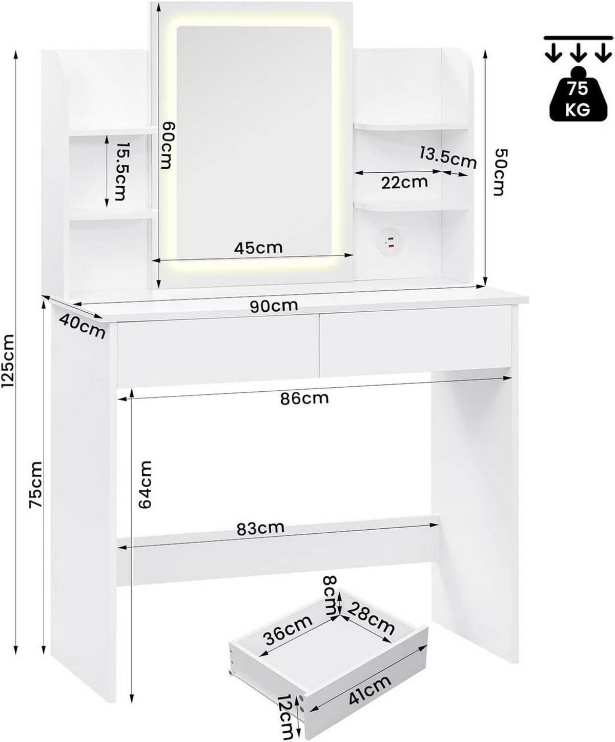 SCHMINKTISCH mit LED-Beleuchtung Spiegel, Weiß - Weiß, Glas/Holzwerkstoff (90/125/40cm) - Woltu