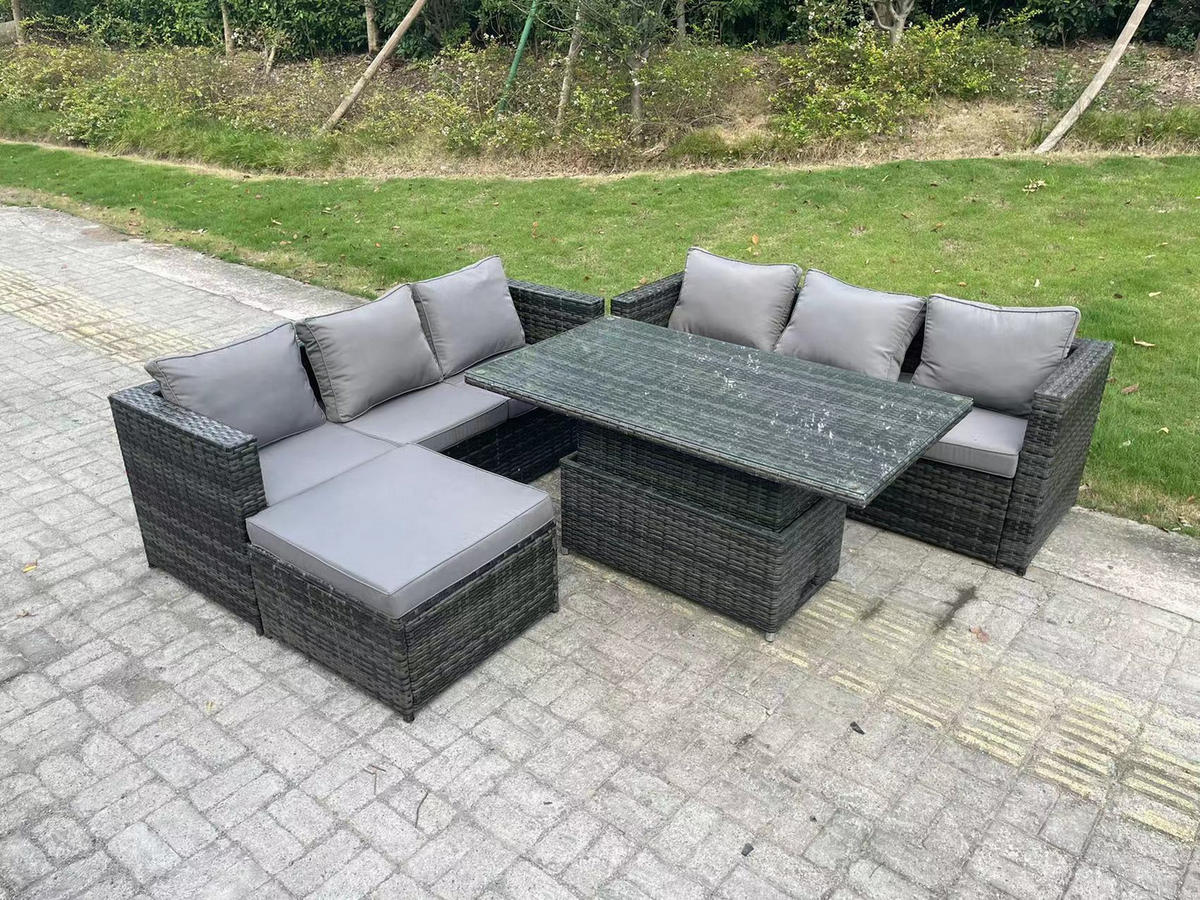 GARTENMÖBEL HÖHENVERSTELLBARER ESSTISCH SET MIT HOCKER Patio 7-Sitzer - Dunkelgrau/Grau, Glas/Kunststoff - Fimous