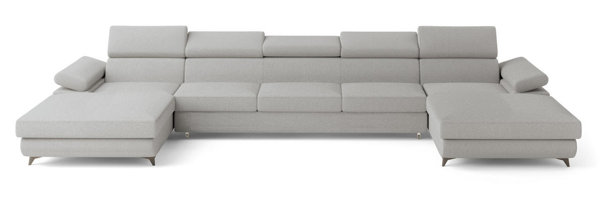 WOHNLANDSCHAFT VIVENTE Hellgrau Boucle-Stoff mit Schlaffunktion - Hellgrau, Holz (410/89/190cm) - MASSENO