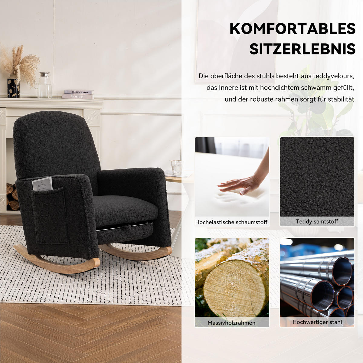 SCHAUKELSTUHL Teddy-Polster mit Fußhocker und Holzgestell 67/126/98 cm Dunkelgrau - Dunkelgrau, Textil (126/98/67cm) - Redom