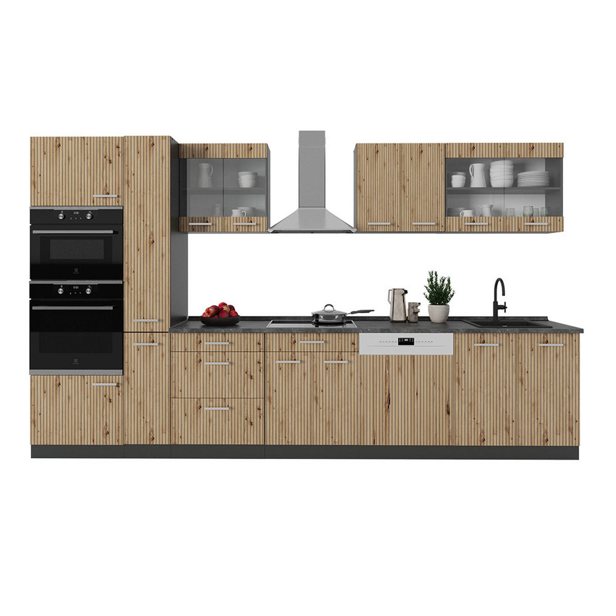 KÜCHENZEILE R-Line Artisan-Eiche/Goldkraft Eiche 350 cm mit Hochschrank ohne AP - Eiche Wotan/Eiche Artisan, Holzwerkstoff (350/81.6/46cm) - Vicco
