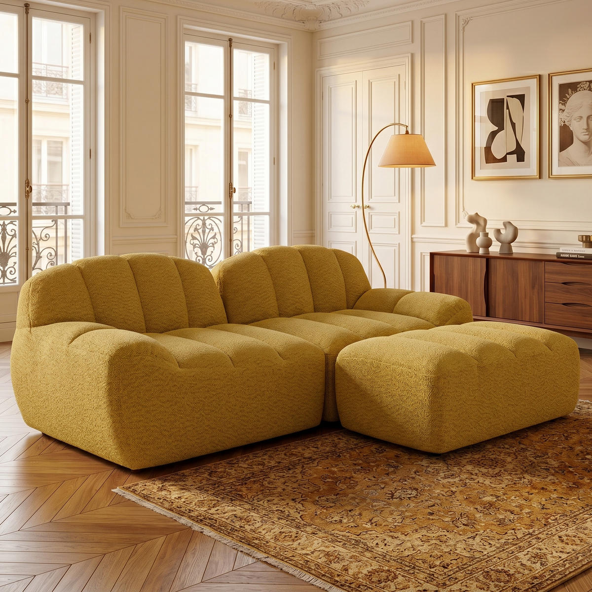 ECKSOFA aus granuliertem Fleece, frameless Lounge-Design ohne Montage - Gelb, Textil (210/165cm) - Urban Meuble