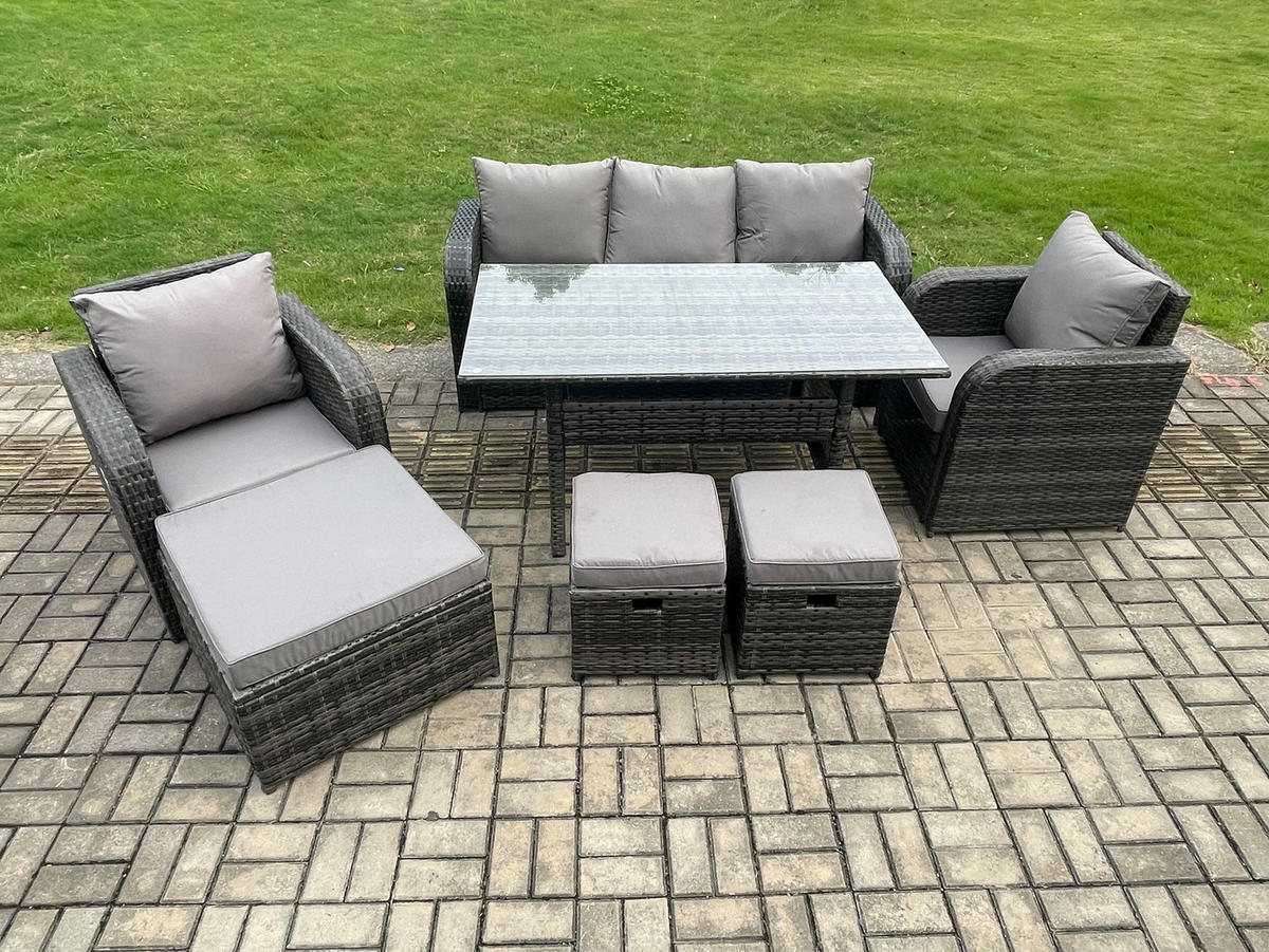 GARTENSET mit 3-Sitzer-Sofa,Esstisch Polyrattan 8-Sitzer - Dunkelgrau/Grau, Glas/Kunststoff - Fimous