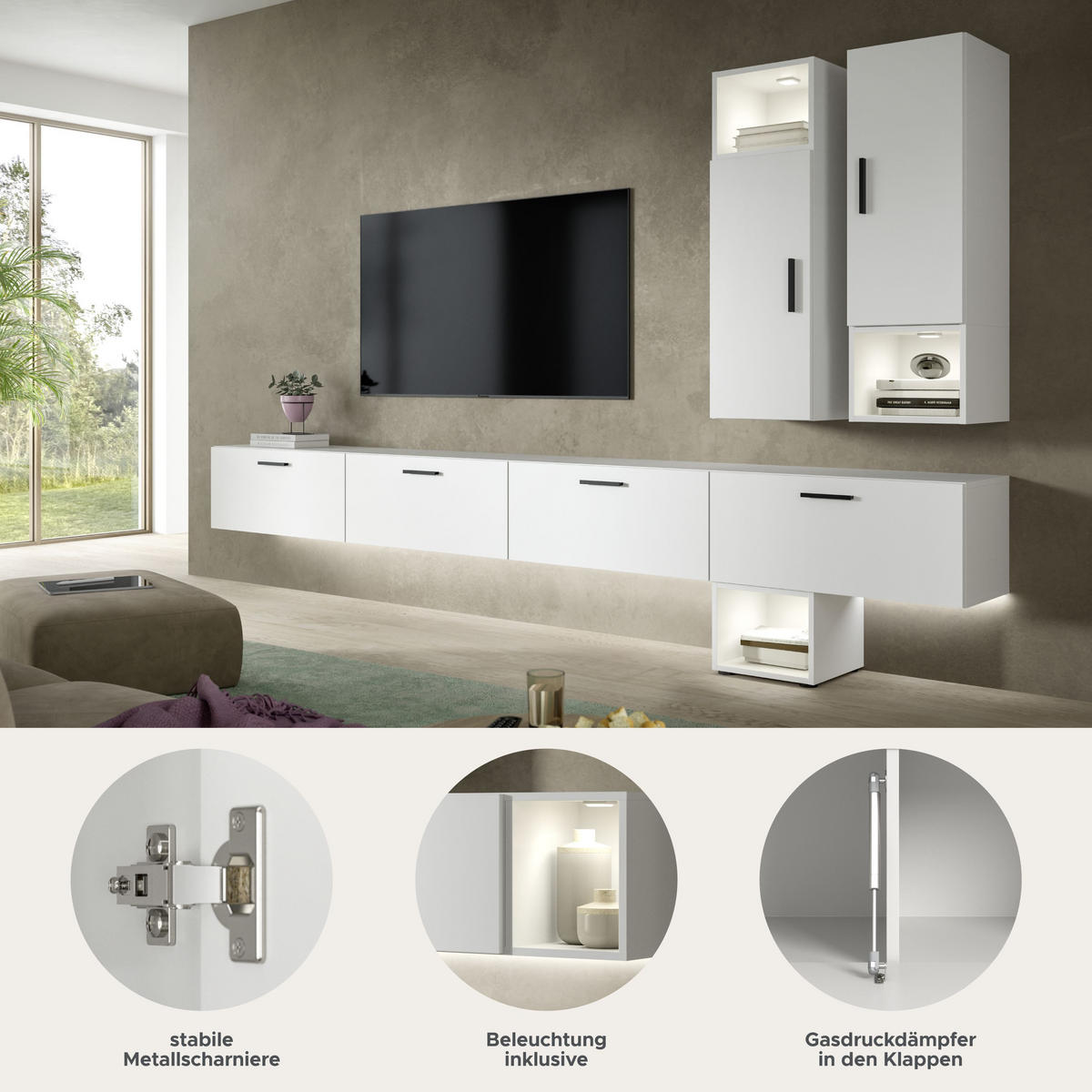 WOHNWAND INKL BELEUCHTUNG The One weiß 300/34/178 cm - Weiß, Holzwerkstoff (300/178/34cm) - Xonox