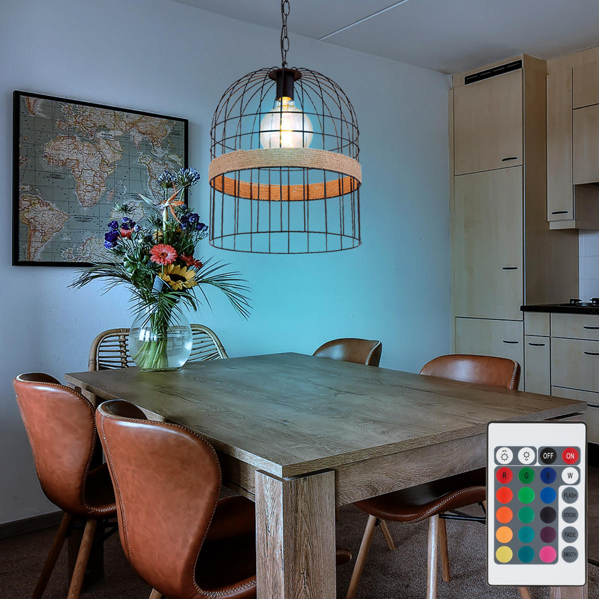 LED HÄNGELAMPE HALIA Schwarz Hanfseil - Schwarz, Metall (35/35/140cm) - Globo Lighting