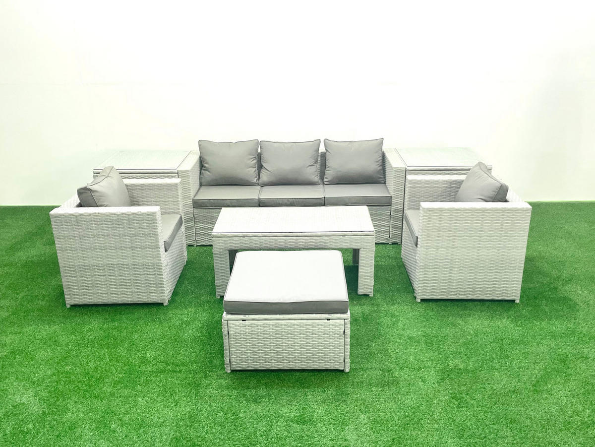 GARTENSET mit 3-SITZER SOFA,COUCHTISCH Polyrattan Hellgrau-Mix 6-Sitzer - Hellgrau/Grau, Glas/Kunststoff - Fimous