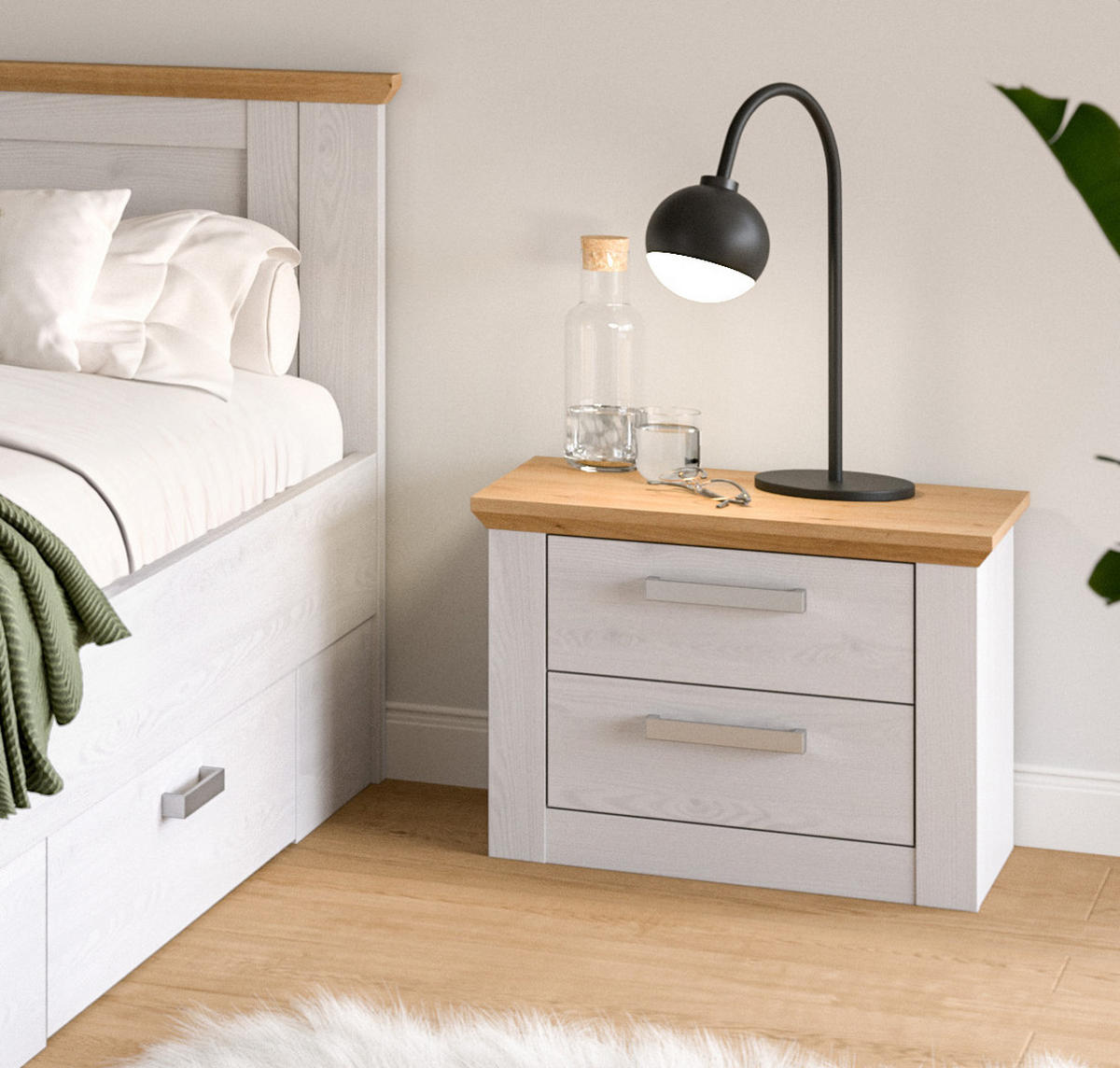 NACHTTISCH weiß Lärche, Eiche Artisan Landhaus 56 x 43 cm, Nachtkommode mit Schubkästen - Eichefarben/Silberfarben, Holzwerkstoff/Kunststoff (56/43/39cm) - Inn.Furn