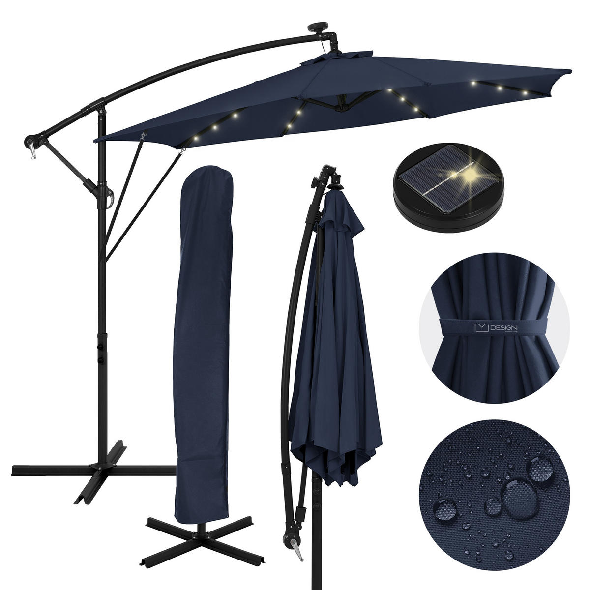 AMPELSCHIRM Ø 300 cm in Navy Blau aus Aluminium mit LED-Solar - Blau, Metall (300/300cm) - ML-DESIGN