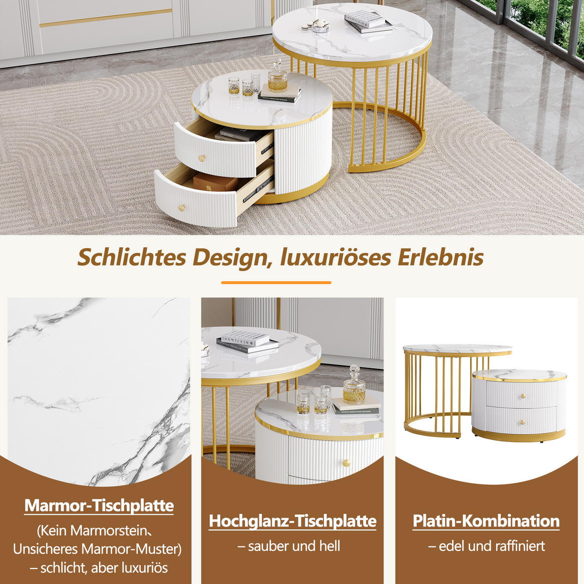 COUCHTISCH DE-160 Set 2-teilig Weiß mit Marmoroptik - Weiß, Holzwerkstoff (60/60/46cm) - ComfortXL