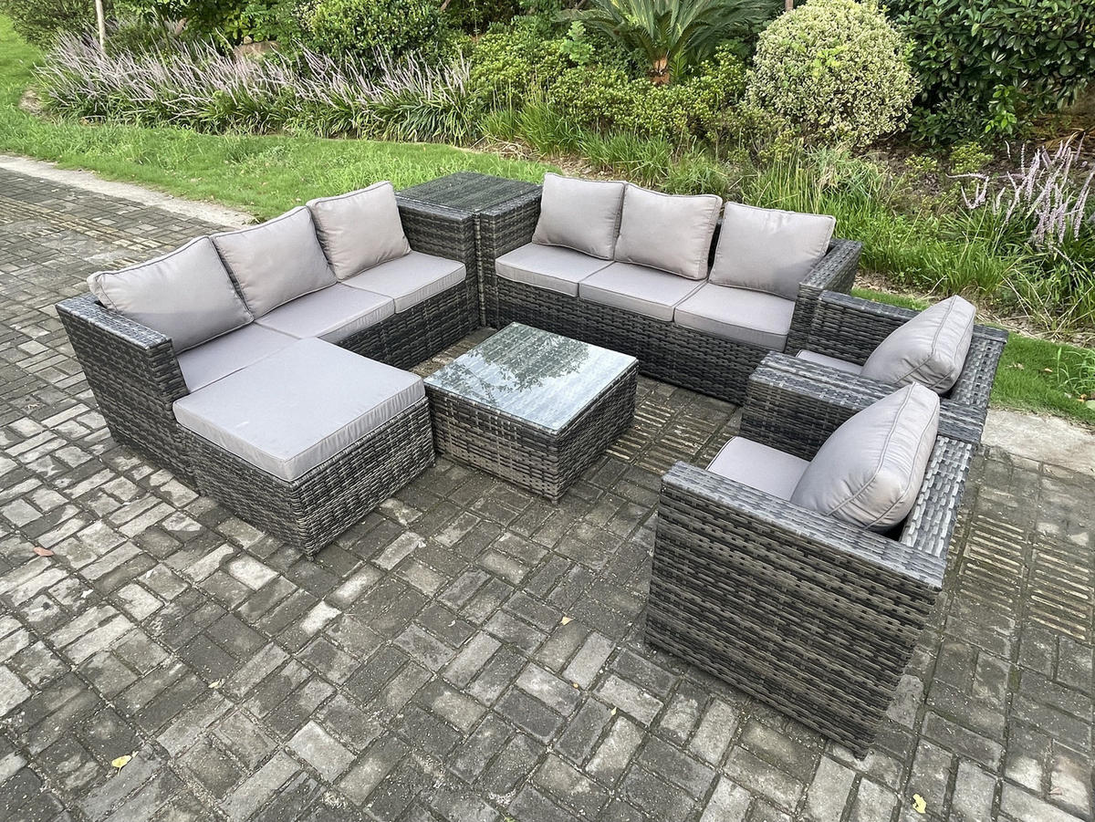 GARTENTISCHGRUPPE Polyrattan 9-Sitzer - Dunkelgrau, Metall - Fimous