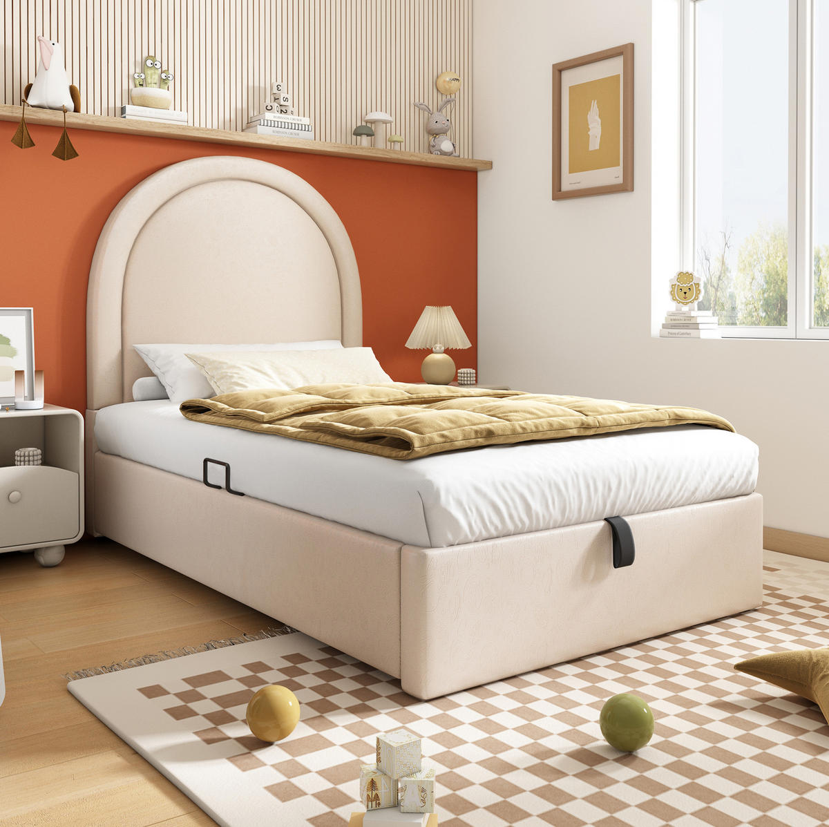 KINDERBETT Polsterbett 90/200 cm aus PU mit Stauraum und hydraulischem Lattenrost Beige - Beige, Kunststoff (90/200cm) - Modenvie