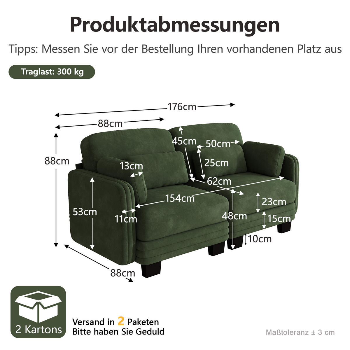 2-SITZER-SOFA Modular Chenille mit Kissen, DE-42686, Grün - Grün, Holz (176/88/88cm) - ComfortXL