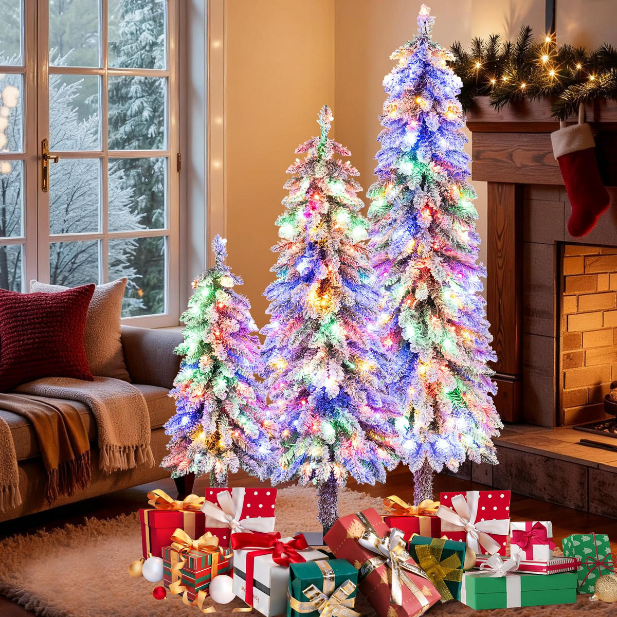 WEIHNACHTSBAUM Tannenform mit Beleuchtung und Schnee 90/120/150 cm weiß(3-tlg) - Weiß, Metall (150cm) - COSTWAY