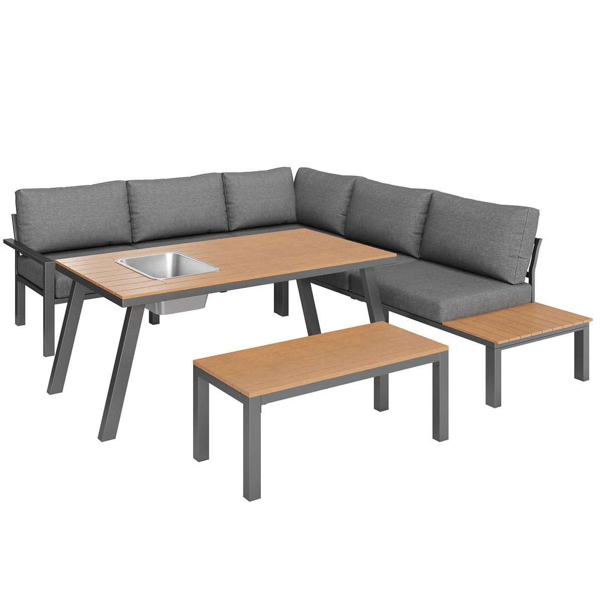 GARTEN-LOUNGE-SET, Metallgestell mit Polstern & Tisch mit Eiskübel, 147/60/65 cm, Grau - Grau, Metall - Redom