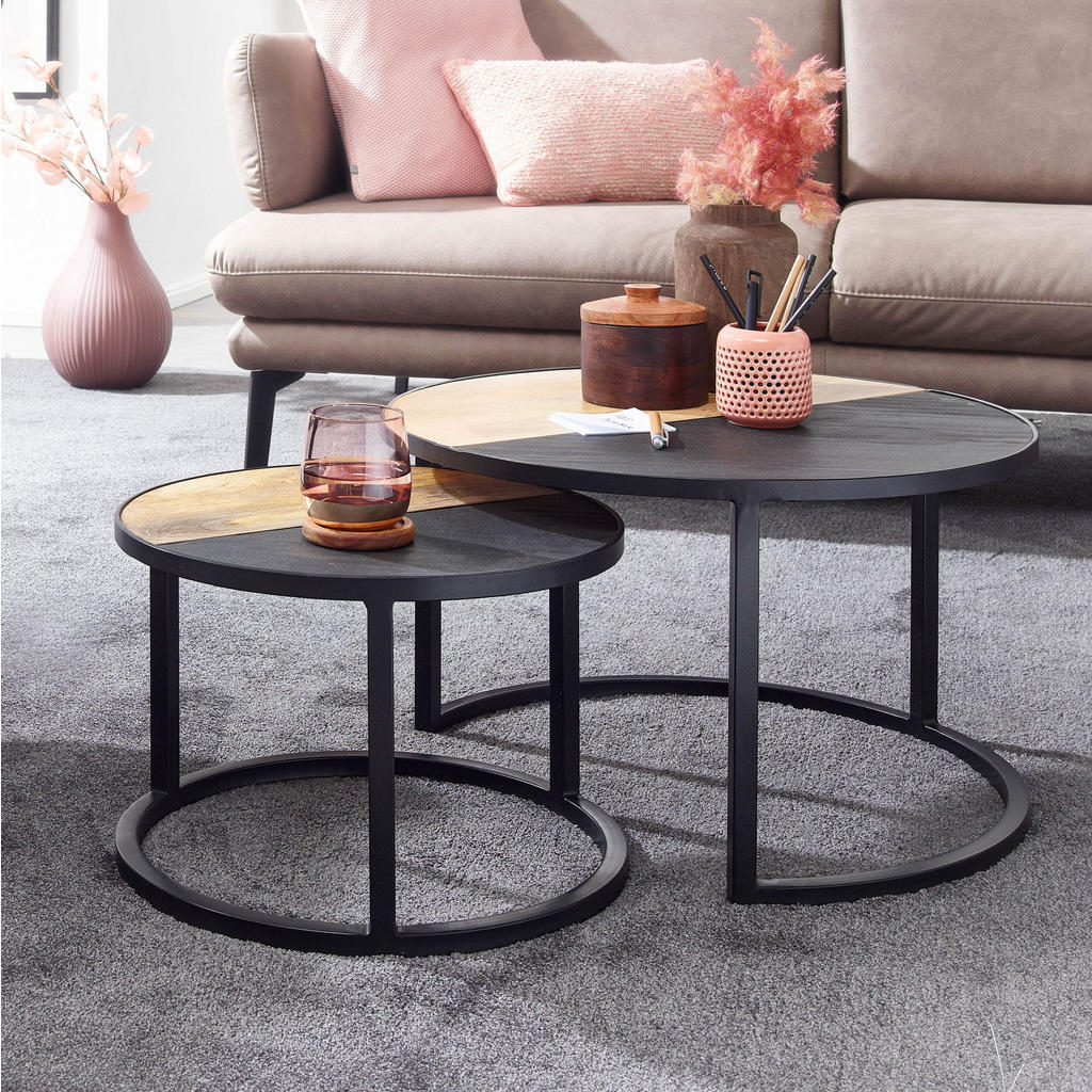 Thumbnail - Kadima Design Couchtisch, Schwarz, Holz, Echtholz,Mangoholz, Rund,Rund, Stativgestell, 60x36x60 cm, Wohnzimmer, Wohnzimm...