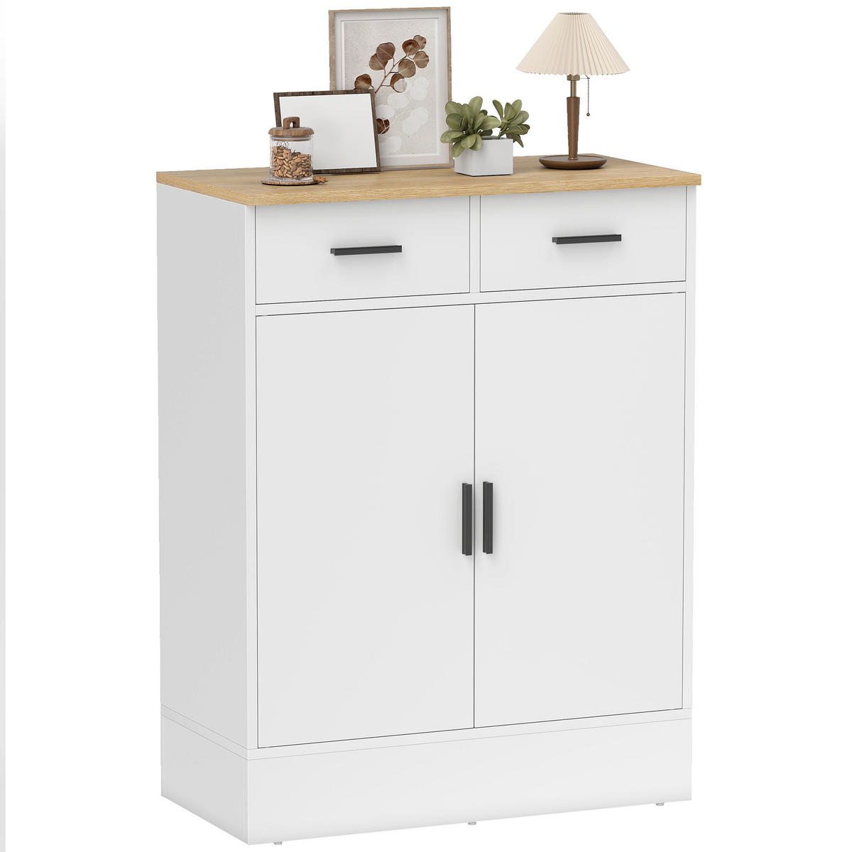 SIDEBOARD Weiß und Naturholz-Optik, 2 Türen, 2 Schubladen, 68,6/35/90,3 cm - Weiß, Holz (68.6/90.3/35cm) - PANGIVO