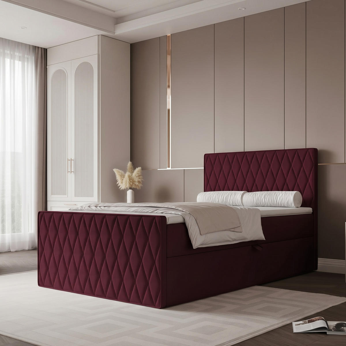 BOXBETT PONTI III 120x200 cm Bordeaux (Samt) - mit 2 Bettkästen, Bonellmatratze und Rautensteppung - Bordeaux, Holzwerkstoff/Textil (120/200cm) - Ravio