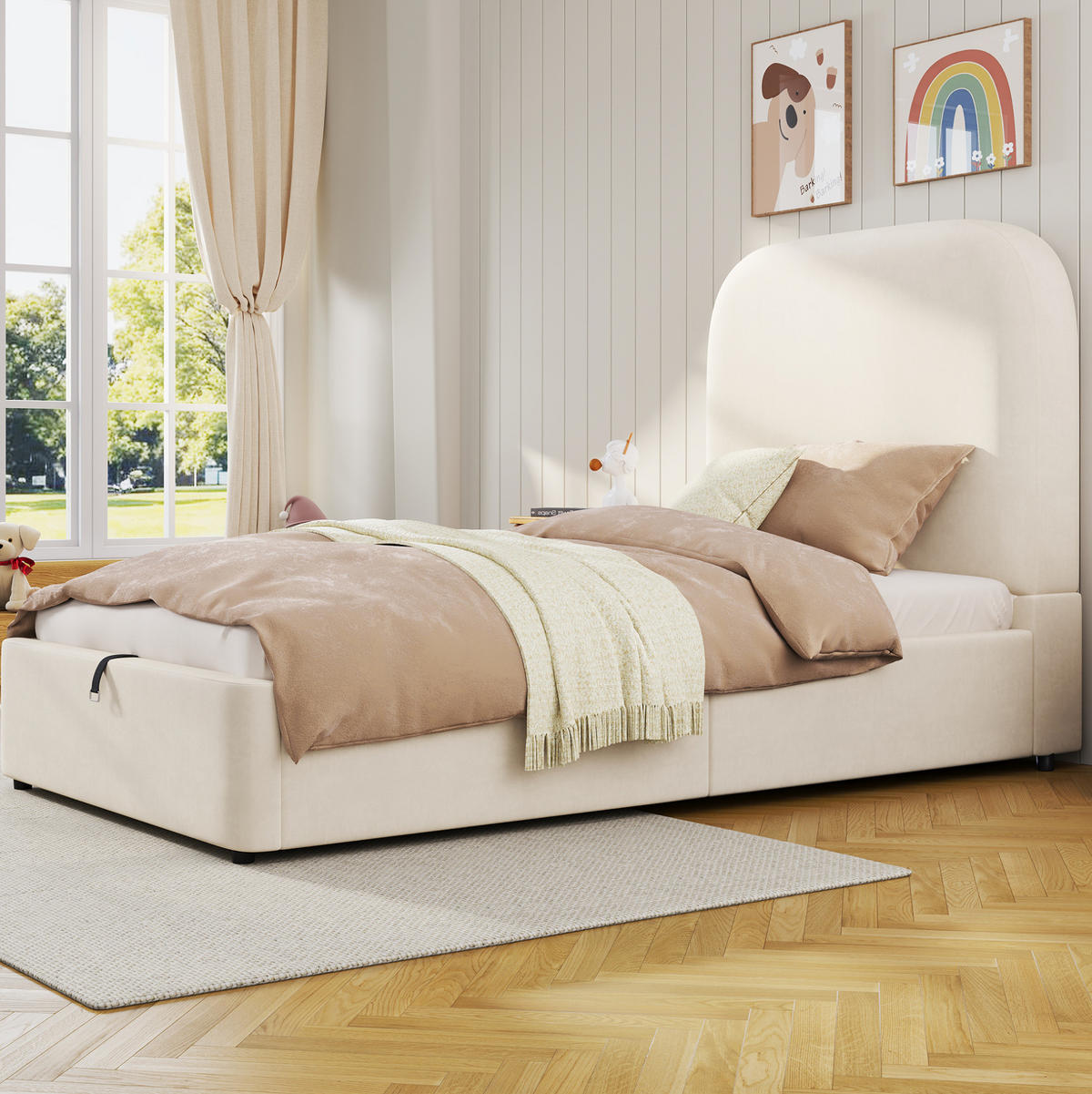 KINDERBETT 90/200 cm mit hydraulischem Bettkasten, Lattenrost und gepolstertem Kopfteil aus Samt, Beige - Beige, Textil (90/200cm) - Redom