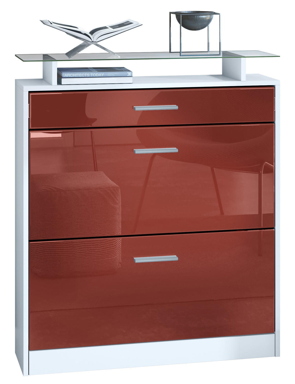 SCHUHSCHRANK Loret Front in Bordeaux Hochglanz - Bordeaux, Holzwerkstoff (89/104/23cm) - Vladon