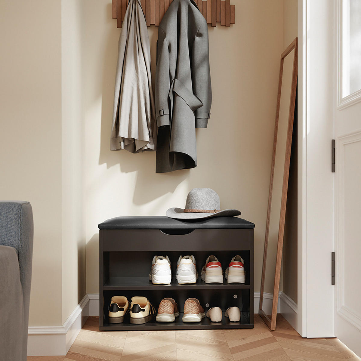 SCHUHBANK mit 2 Ablagen Schwarz 60x30x43cm Modern - Schwarz, Holzwerkstoff (30/43/60cm) - SoBuy