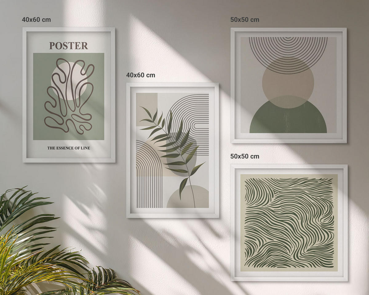 WANDBILDER 4er-Set - 50x50 cm & 40x60 cm Weißer Rahmen - Geometrische botanische Muster - Weiß, Kunststoff (50/50cm) - ArtPrintCave