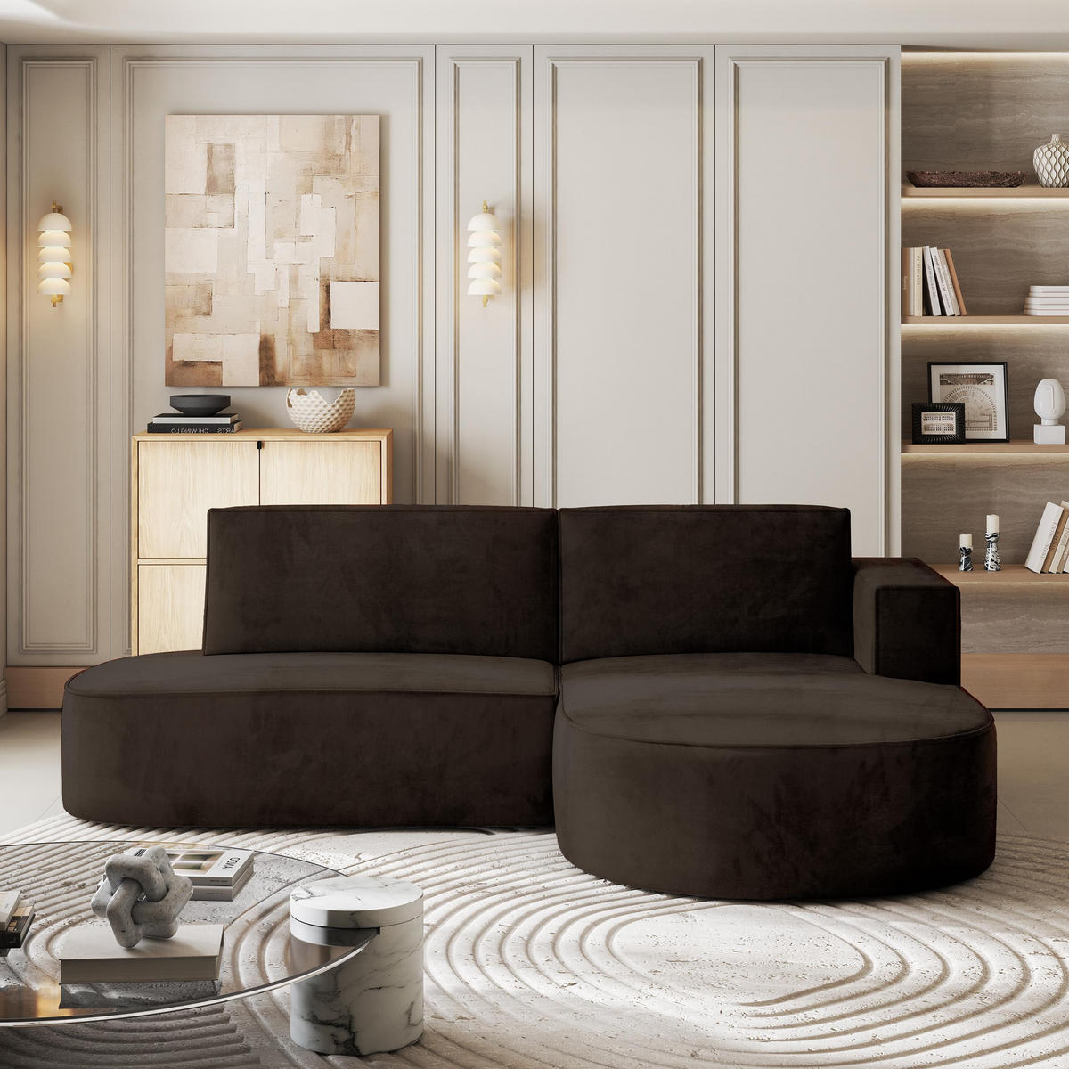 ROHOVÁ SEDAČKA CORTIO hnědá - šedá/hnědá, dřevo/textil (265/174cm) - MASSENO