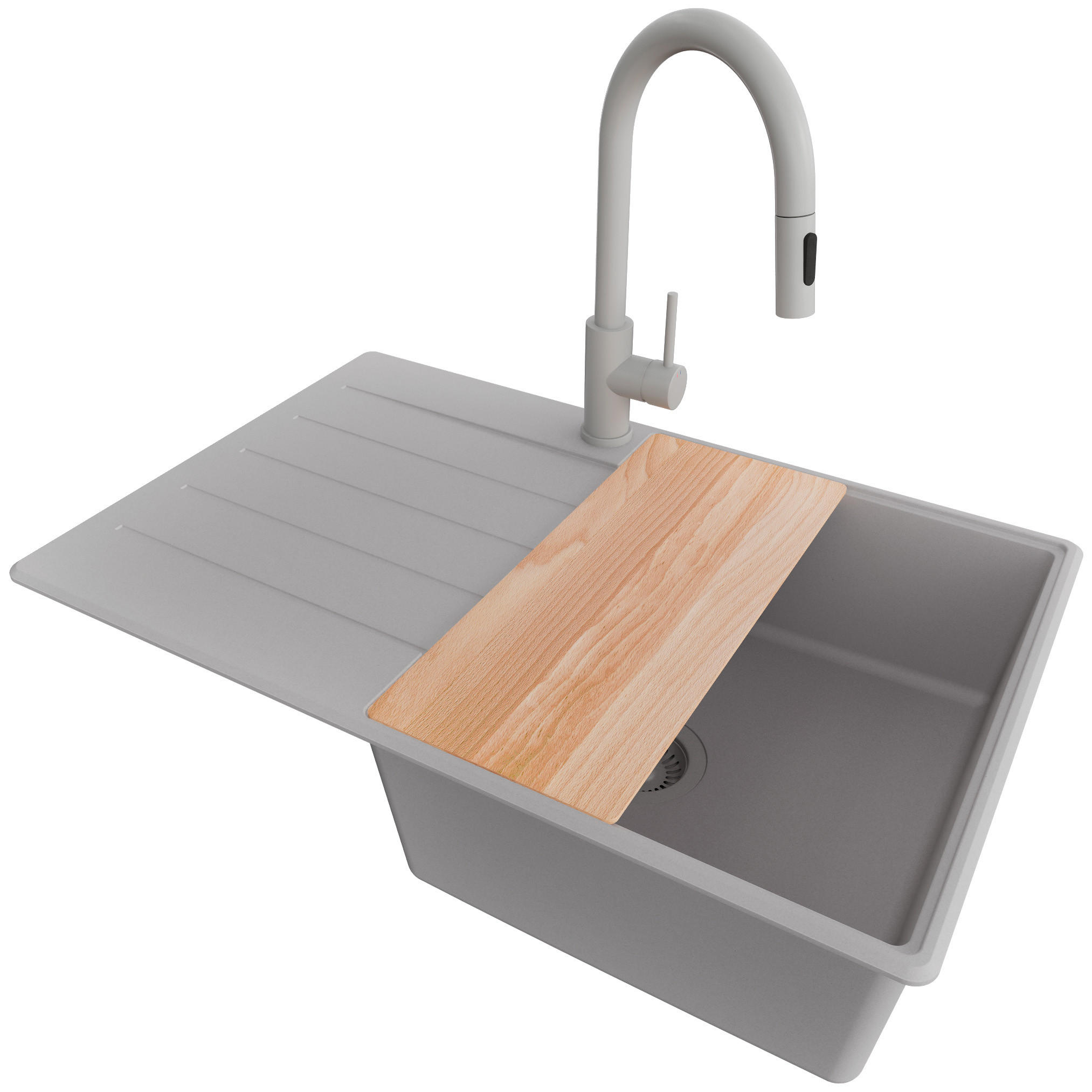 GRANITSPÜLE Kopenhagen, 2-er set Grau 78/50 cm 1 Becken + Küchenarmatur 40/20 cm + Ablauf-Set + Schneidebrett ab 50er Unterschrank - Beige/Grau, Kunststoff (78/20/50cm) - Primagran