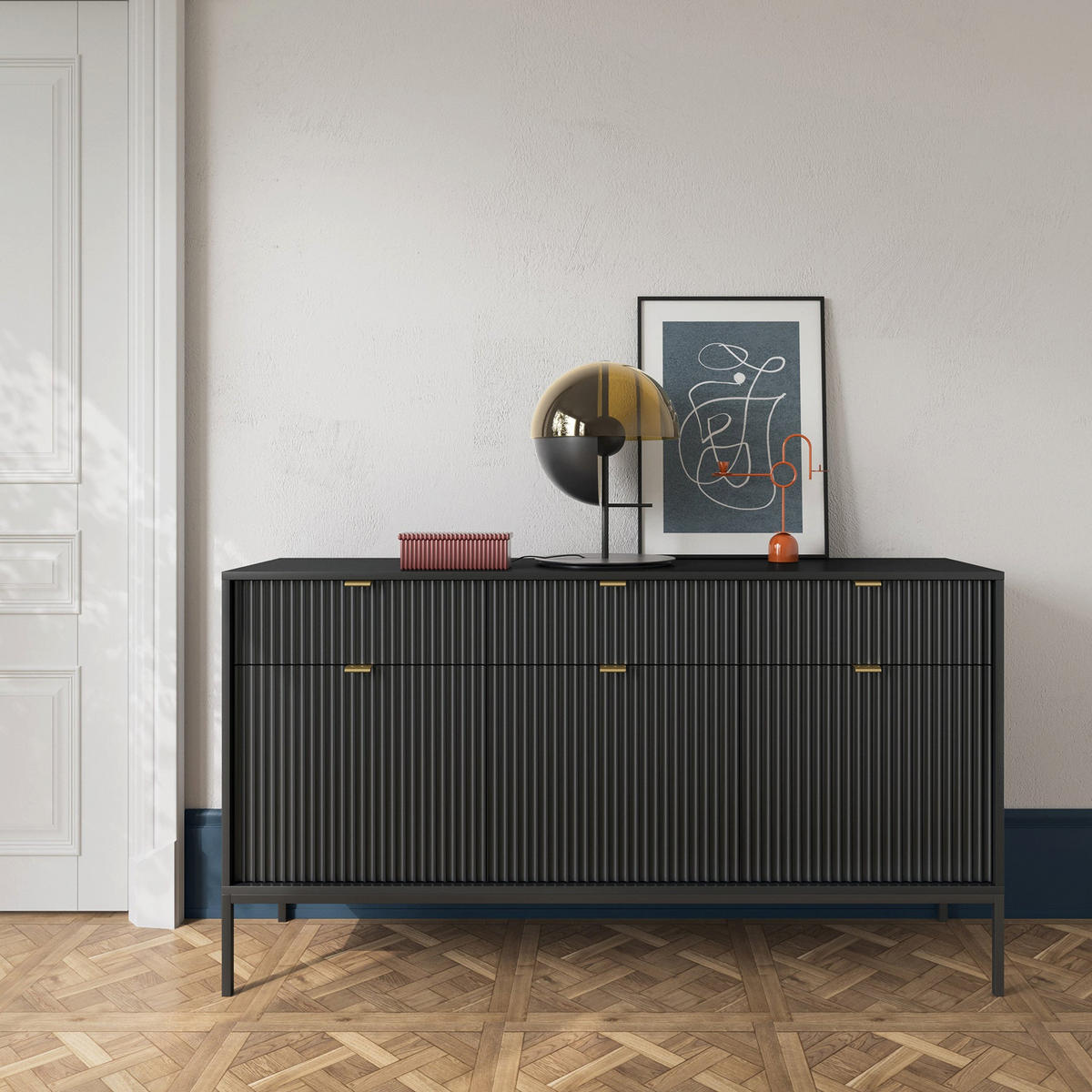 SIDEBOARD Vellore Schwarz 154 cm - Goldfarben/Schwarz, Holzwerkstoff/Metall (154/83/39cm) - Selsey