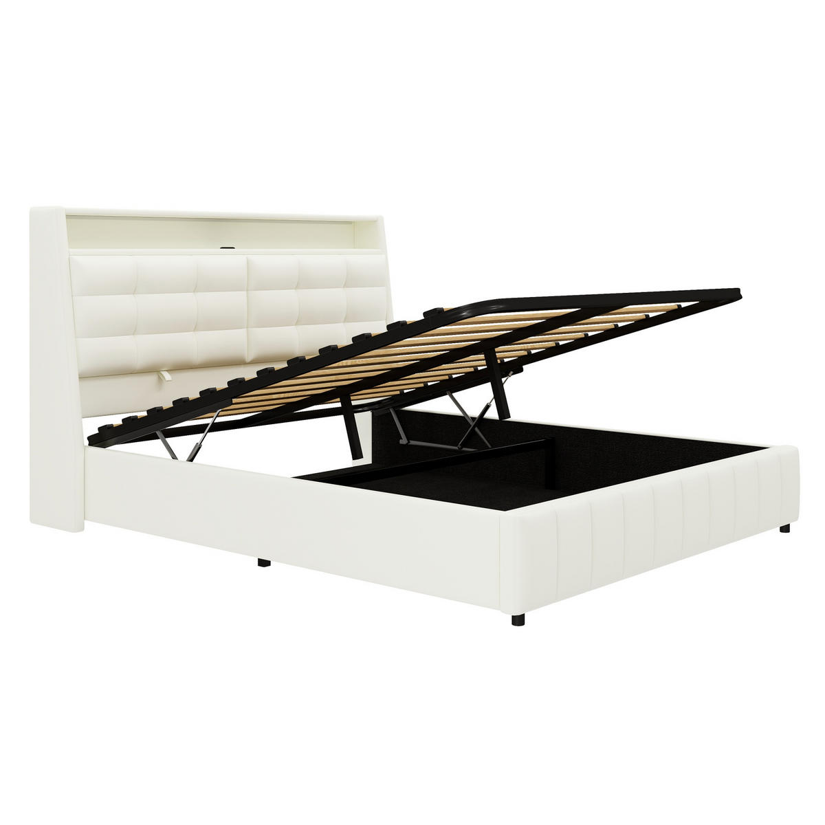 POLSTERBETT 160/200 cm Weiß mit LED-Beleuchtung USB-Anschlüssen und Stauraum - Weiß, Textil (160/200cm) - OKWISH