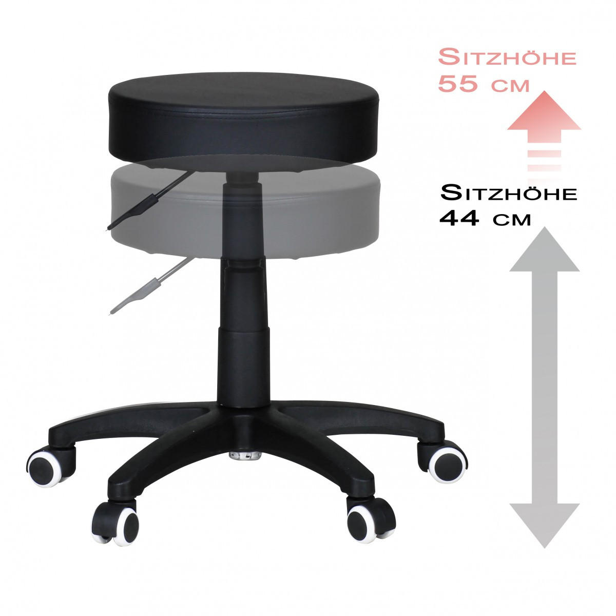 ARBEITSHOCKER Lederoptik 360° drehbar, höhenverstellbar, stabil, Schwarz 50x50x55 cm - Schwarz, Kunststoff/Textil (50/55/50cm) - KADIMA DESIGN