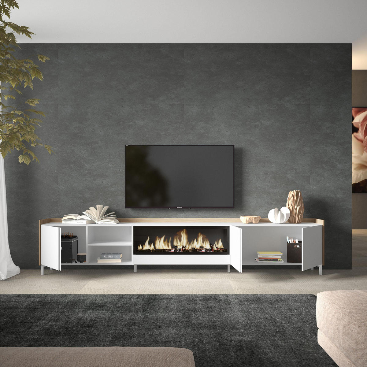LOWBOARD, Weiß und Eiche, 315/35/61cm, Kamin mit Feuereffekt XXL - Weiß, Holzwerkstoff (315/61/35cm) - Skraut Home