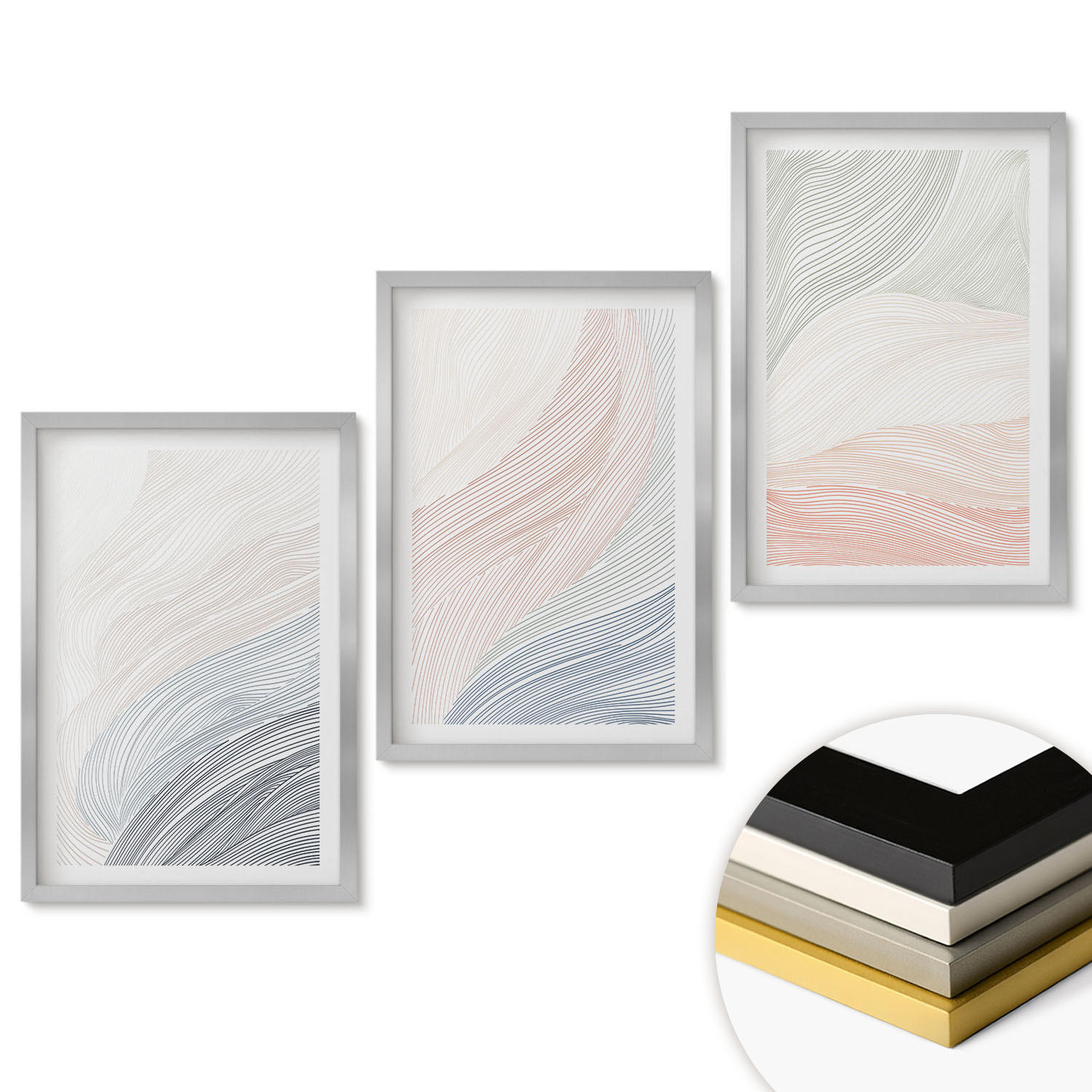 WANDBILDER 3er Set - 40x60 cm Silberner Rahmen - Abstrakte Wellen, Karton, Pastell - Silberfarben, Kunststoff (40/60cm) - ArtPrintCave