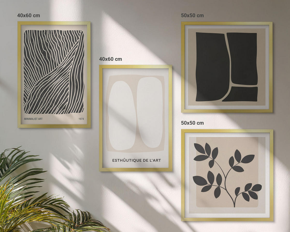 BILDER SET 4er Set - 50x50 cm & 40x60 cm Goldrahmen - Minimalistische Pflanzenmuster - Goldfarben, Kunststoff (50/50cm) - TULUP