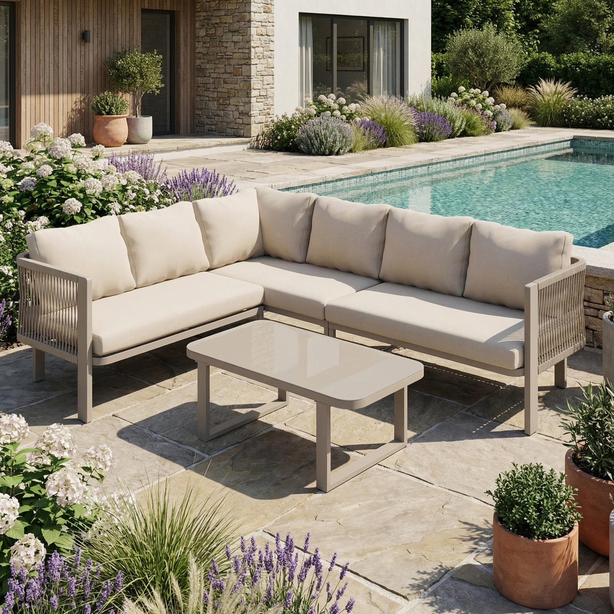 GARTENMÖBEL-SET 6 Personen Eckstellung Stahlrohr Glasplatte Khaki - Hellbraun, Textil - FLIEKS